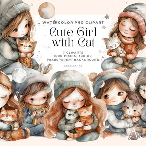 Süßes Mädchen mit Katze, kleines Mädchen mit Kätzchen Aquarell Clipart, digitaler Download, Junk Journal, Scrapbooking, kommerzielle Lizenz