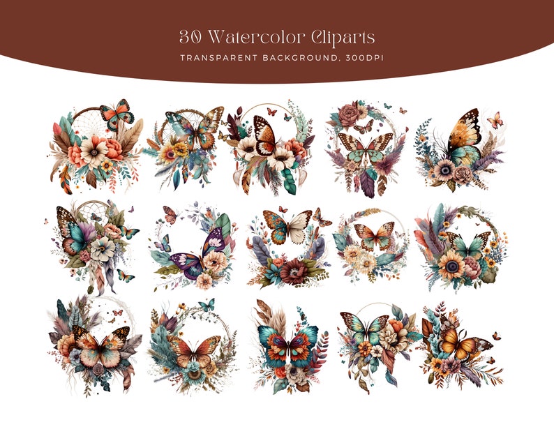 May include: 30 Watercolor Cliparts: A set of 30 digital watercolor clipart images featuring butterflies, flowers, and dreamcatchers. The images are perfect for adding a touch of whimsy and beauty to your designs.