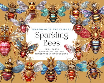Sparkling Watercolor Bees Clipart PNG, Brooch Elements (Digital Download)