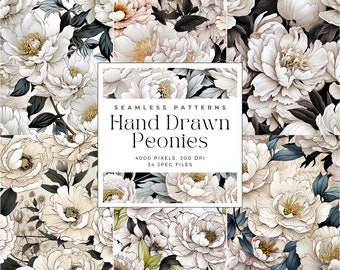 Hand Drawn Peonies Floral Seamless Patterns, White Peony Seamless Pattern, Commercial Use, Peonies Pattern, Commercial Use, Digital paper
