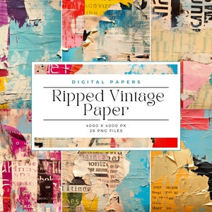 May include: A collection of 28 digital paper textures featuring ripped and torn vintage paper with a variety of colors and patterns. The papers are 4000 x 4000 pixels in size.