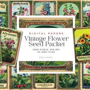 Flower Seed Packet Junk Journal Kit, Vintage Floral Printables for Scrapbooking, Garden Craft Supplies, Eco-Friendly Gifts for Garden Lovers