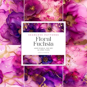 May include: Seamless patterns featuring abstract floral designs in shades of pink, purple, and gold. The text "Floral Fuchsia" is displayed in the center of the image. 4000 pixels, 300 DPI, 42 JPEG files. Cecilyarts.