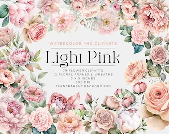 Light Pink Flowers PNG, Watercolor Floral Clipart Bouquets, Elements, Commercial Use, Digital clipart PNG