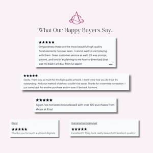 May include: A collage of customer reviews with five-star ratings and positive comments about the quality of the digital products. The reviews highlight the beauty, quality, and ease of use of the products. The text includes phrases like "beautiful high quality", "seamless transaction", "vibrant digitals", and "excellent quality".