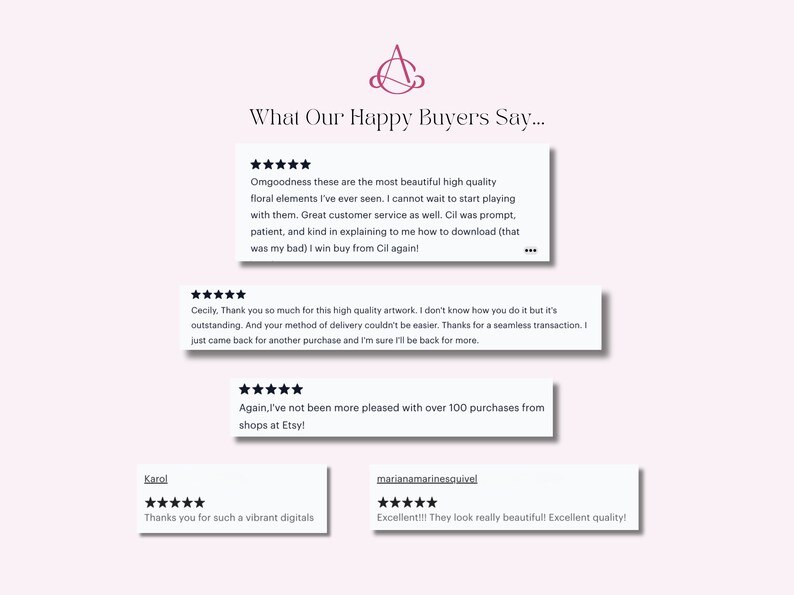 May include: A collage of customer reviews with five-star ratings and positive comments about the quality of the digital products. The reviews highlight the beauty, quality, and ease of use of the products. The text includes phrases like "beautiful high quality", "seamless transaction", "vibrant digitals", and "excellent quality".