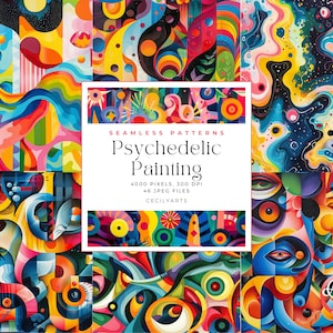 Puede incluir: Una colección de 46 patrones psicodélicos sin costuras en una variedad de colores brillantes, que incluyen azul, verde, amarillo, rojo y naranja. Los patrones son abstractos y geométricos, y son perfectos para usar en una variedad de proyectos de diseño. El texto "Seamless Patterns Psychedelic Painting 4000 pixels, 300 DPI 46 JPEG files Cecilyarts" se muestra en el centro de la imagen.