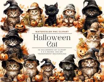 Watercolor Cute Halloween Cat Collection Clipart, Black Cat Clipart Jack O Lantern PNG Digital Image Downloads, Commercial License