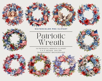 Watercolor Patriotic Wreath Clipart, Floral 4th of July (Digital Download)