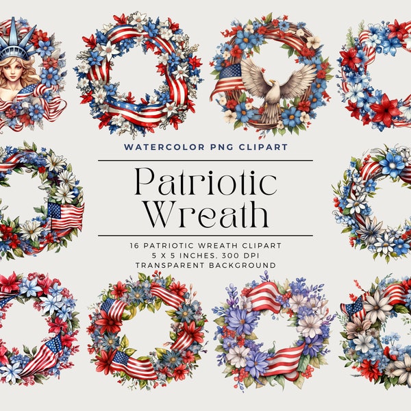 Watercolor Patriotic Wreath Clipart, Fourth of July Clipart, Floral Wreath, Watercolor Blue Red and White Wreath, Commercial License