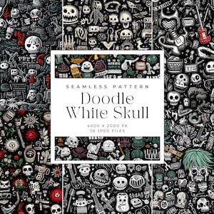 以下が含まれることがあります： 黒い背景に、落書き風の白いドクロのデザインが施されたシームレスなパターン。パターンには、楽器、骨、その他のドクロ関連の画像など、さまざまな要素が含まれています。画像には「Doodle White Skull」というテキストが含まれています。