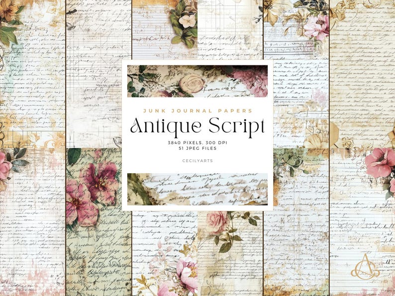 Antique Script Junk Journal Papers: Shabby Chic Digital Paper (PDF) - Etsy