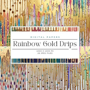 Dripping Rainbow Gold Digital Paper, glitter and foil backgrounds, Junk Journal Paper, Printable Paper, Commercial Use, Digital paper