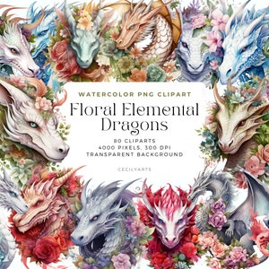 May include: Watercolor PNG clipart featuring floral elemental dragons. The image showcases various dragon illustrations with floral accents, in shades of white, blue, red, and gold. Text on the image reads "Floral Elemental Dragons" and "80 Cliparts".