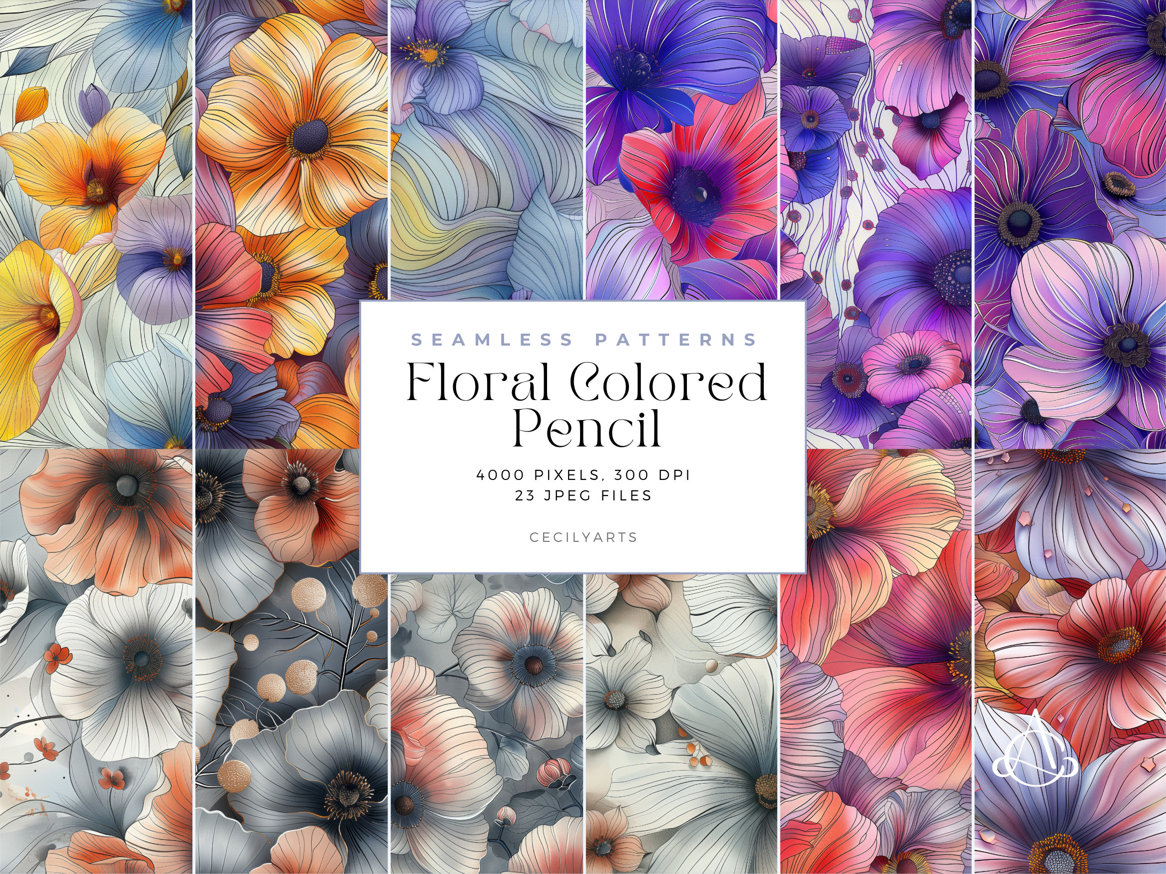 Floral Colored Pencil Seamless Patterns Bright Colorful Flower Pattern ...