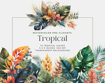 Tropical Leaves PNG, Watercolor Floral Clipart Bouquets, Elements, Commercial Use, Digital clipart PNG
