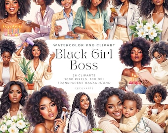 Black Girl Boss Clipart: Watercolor Planner Stickers (Digital Download PNG Set of 26)