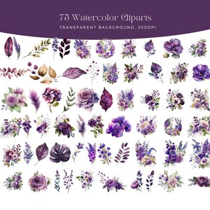 May include: 75 watercolor clipart images featuring purple flowers, leaves, and branches. The images have a transparent background.
