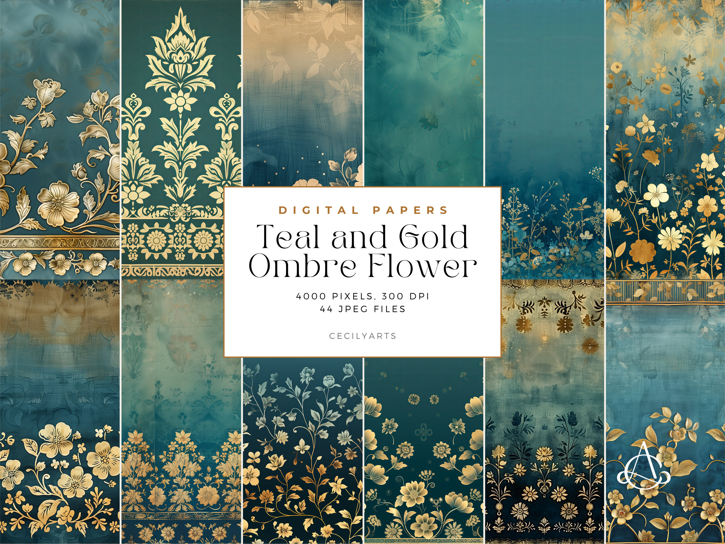 Teal and Gold Ombre Flower Background - Dark Teal and Gold Digital ...