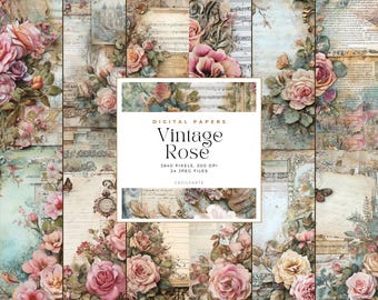 May include: A collage of digital papers with a vintage rose theme. The design features roses in shades of pink and peach, musical notes, and antique paper textures. The text "Vintage Rose" is displayed in a rectangular frame.