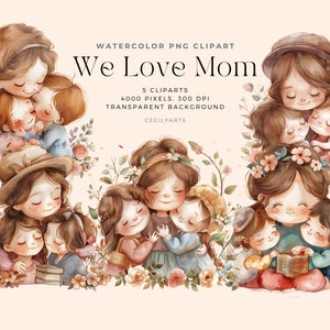 We love mom cliparts, Mother’s Day clipart, mother-daughter clipart, Watercolor Clipart, Commercial Use, Digital clipart PNG