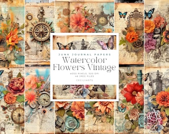 Watercolor flowers vintage junk journal, Printable Paper, Dark Academia, Old Book Digital Paper, Collage, Collage Sheet