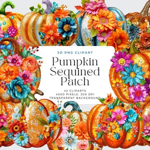 May include: A set of 42 digital clipart images of pumpkins decorated with sequins and colourful flowers. The pumpkins are in various shades of orange and yellow, and the flowers are in shades of pink, blue, yellow, and green. The text "Pumpkin Sequined Patch" is displayed in the centre of the image.