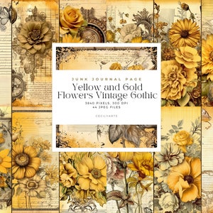 Yellow and Gold flowers Vintage gothic junk journal page, Collage Sheets and Junk Journal Printables, Commerical Use, Instant Download
