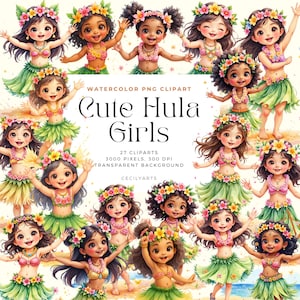 Cute Hula Girl Clipart – Watercolor Tropical Island Girls PNG | Polynesian Luau Kids, Beach Party Graphics, Transparent Background