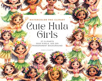 Clipart Aquarelle Hula Girl : Tropical Luau PNG Graphics (téléchargement numérique
