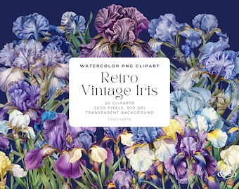 Vintage Iris Watercolor Clipart: Floral PNG Elements (Commercial Use)