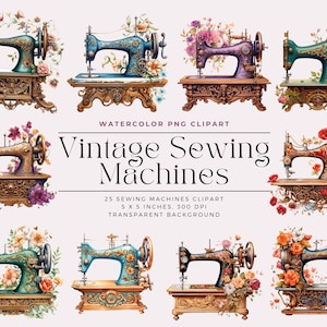 Watercolor Sewing Clipart, Watercolor Floral Sewing Machines Clipart , Vintage floral shabby, Commercial License