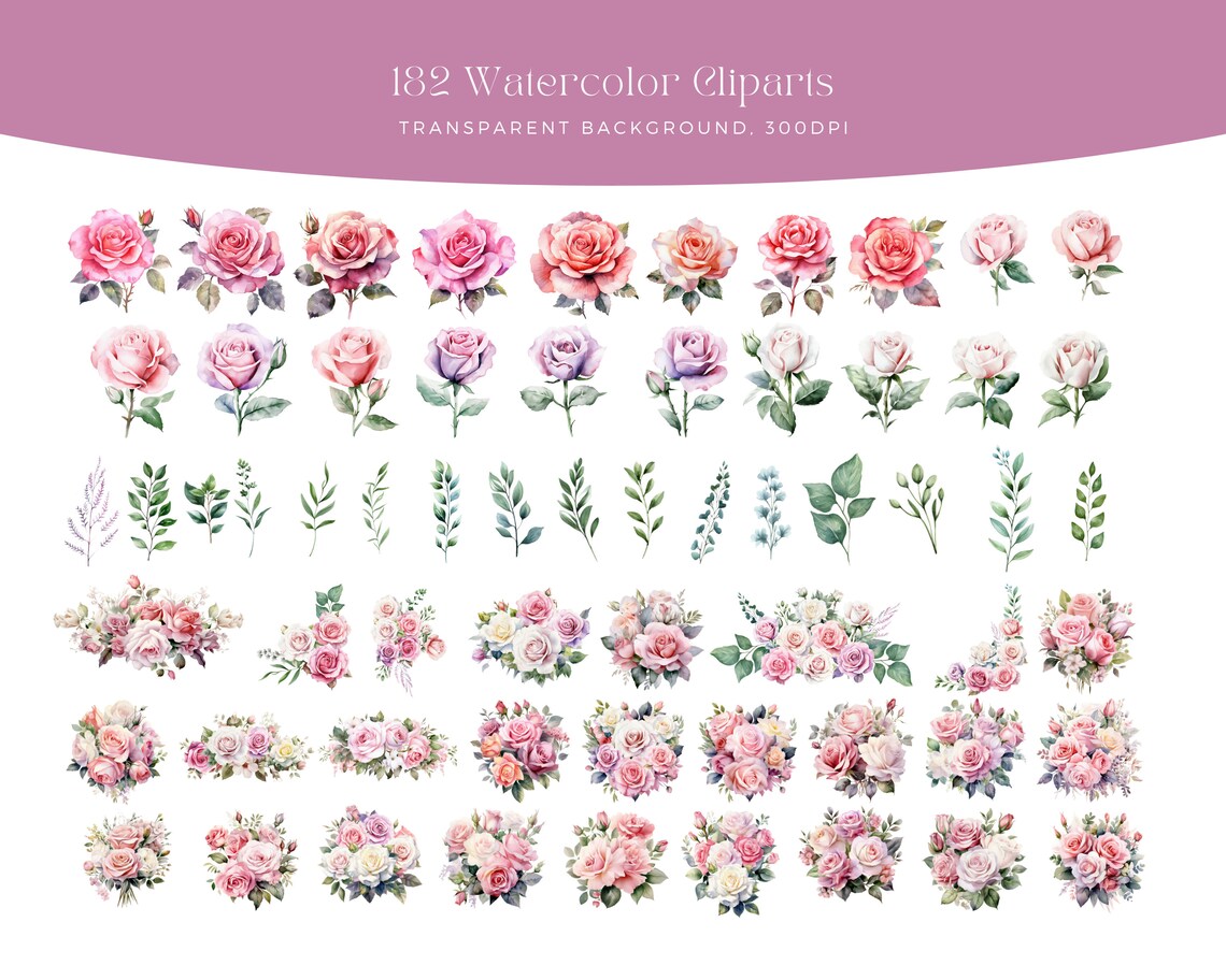 Pink Roses Flowers PNG, Watercolor Floral Clipart Bouquets, Elements ...
