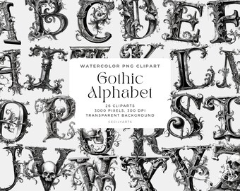 May include: A set of 26 gothic alphabet letters in black and white, each letter is decorated with intricate floral designs and skulls. The letters are watercolor illustrations with a transparent background.