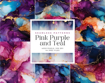 Pink Purple and Teal Gold Seamless Pattern Digital Paper, Glam Digital Paper, Commercial Use, Seamless Digital paper