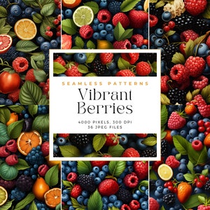 May include: A seamless pattern featuring a vibrant mix of red, blue, and black berries, including raspberries, blueberries, blackberries, and strawberries. The pattern also includes green leaves and citrus fruits, such as lemons and oranges. The text "Seamless Patterns Vibrant Berries 4000 Pixels, 300 DPI 36 JPEG Files" is displayed in the centre of the image.