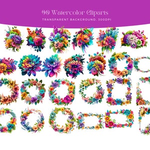 May include: 90 Watercolor Cliparts: A collection of 90 colorful watercolor floral clipart images, including bouquets, wreaths, and frames.  The images are on a transparent background and are 300 DPI.