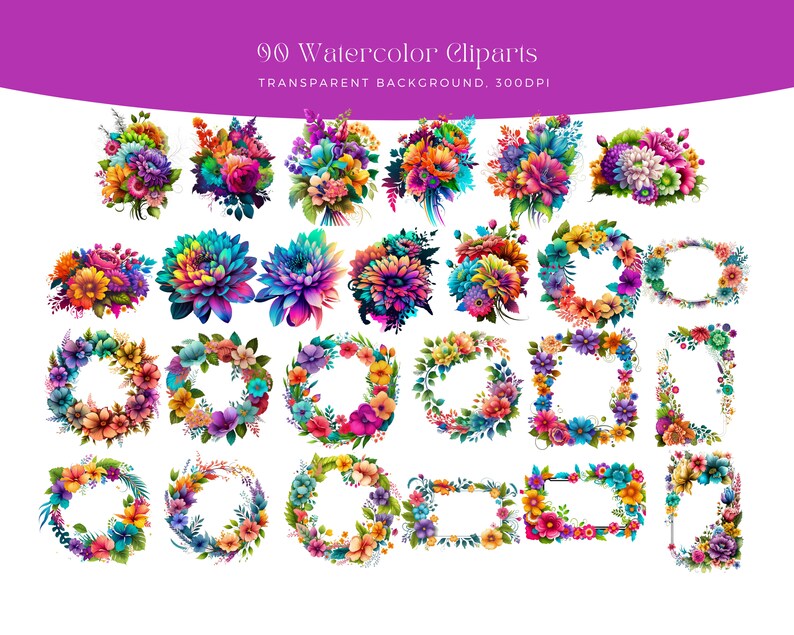 May include: 90 Watercolor Cliparts: A collection of 90 colorful watercolor floral clipart images, including bouquets, wreaths, and frames.  The images are on a transparent background and are 300 DPI.