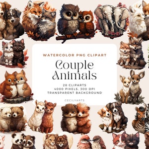 カップルの動物のクリップアート、ロマンチックな動物のクリップアート、ロマンチックなカップルの動物、動物のカップル PNG、バレンタインデーのクリップアート、水彩画の赤ちゃん動物