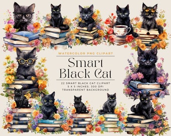 Aquarell Smart Black Cat Clipart, Katze mit Blume Clipart, Katze mit Bücher Aquarell Porträt, Katze Blume Clipart, kommerzielle Nutzung