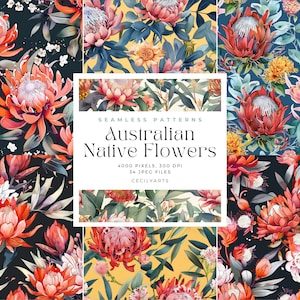 Puede incluir: Un conjunto de cuatro patrones sin costuras que presentan vibrantes flores nativas australianas de color rojo y rosa con hojas verdes sobre un fondo azul oscuro, negro y amarillo. El texto "Seamless Patterns Australian Native Flowers 4000 pixels, 300 DPI 34 JPEG Files Cecilyarts" se muestra en el centro de la imagen.