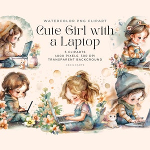 Może przedstawiać: Pięć akwarelowych ilustracji uroczych dziewczynek korzystających z laptopów. Każda dziewczynka jest otoczona kwiatami i zielenią. Tło jest przezroczyste.