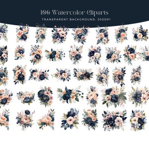Blush and Navy Flowers PNG, Watercolor Floral Clipart Bouquets ...
