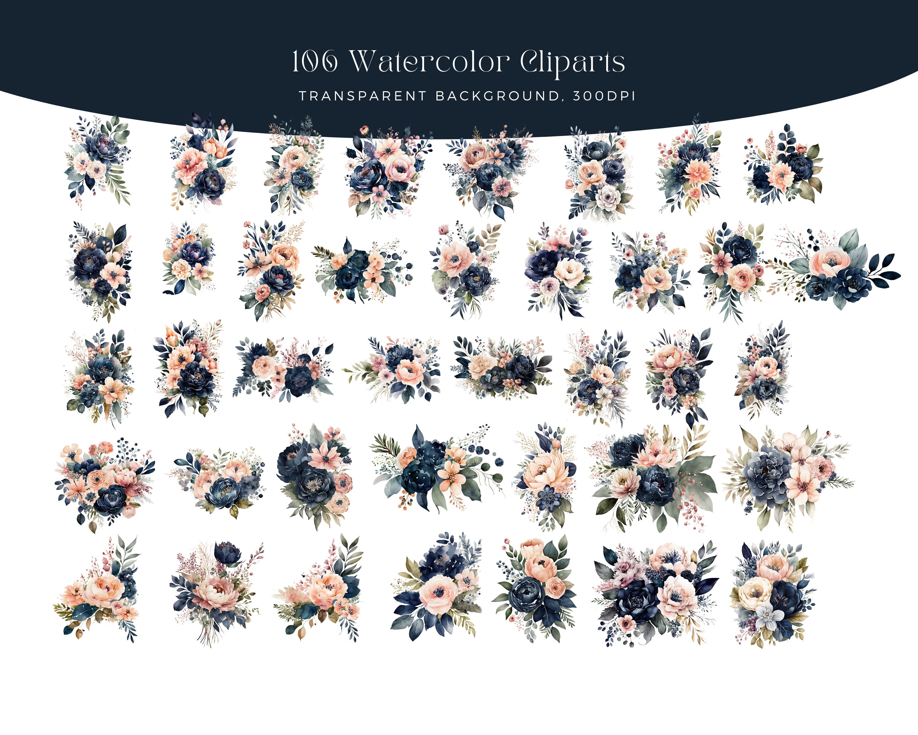 Blush and Navy Flowers PNG, Watercolor Floral Clipart Bouquets ...