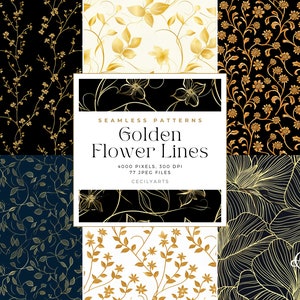 May include: A set of 77 seamless patterns featuring gold floral designs on black, white, and blue backgrounds. The patterns are titled "Golden Flower Lines" and are 4000 pixels, 300 DPI. The patterns are by CecilyArts.