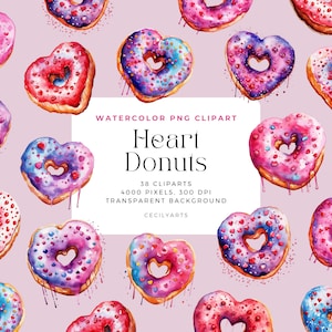 Watercolor Valentines Day Donut Clipart, Heart Donuts, Elements, Commercial Use, Digital clipart PNG