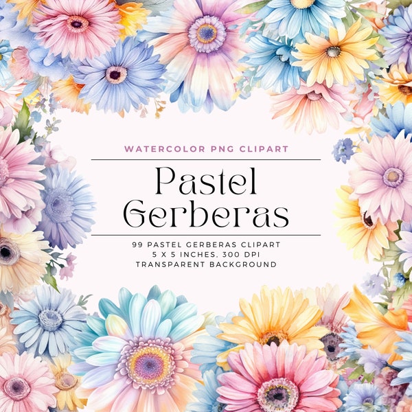Pastel Gerberas Flowers PNG, Watercolor Floral Clipart Bouquets, Elements, Commercial Use, Digital clipart PNG