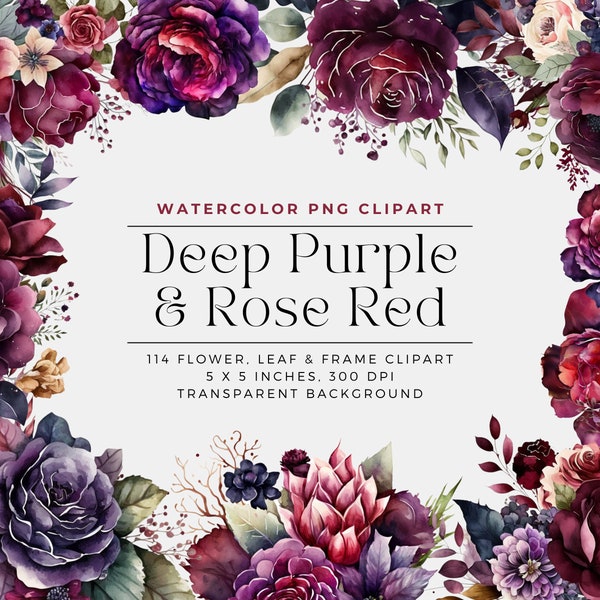 Deep Purple and Rose Red Flowers PNG, Watercolor Floral Clipart Bouquets, Elements, Commercial Use, Digital clipart PNG