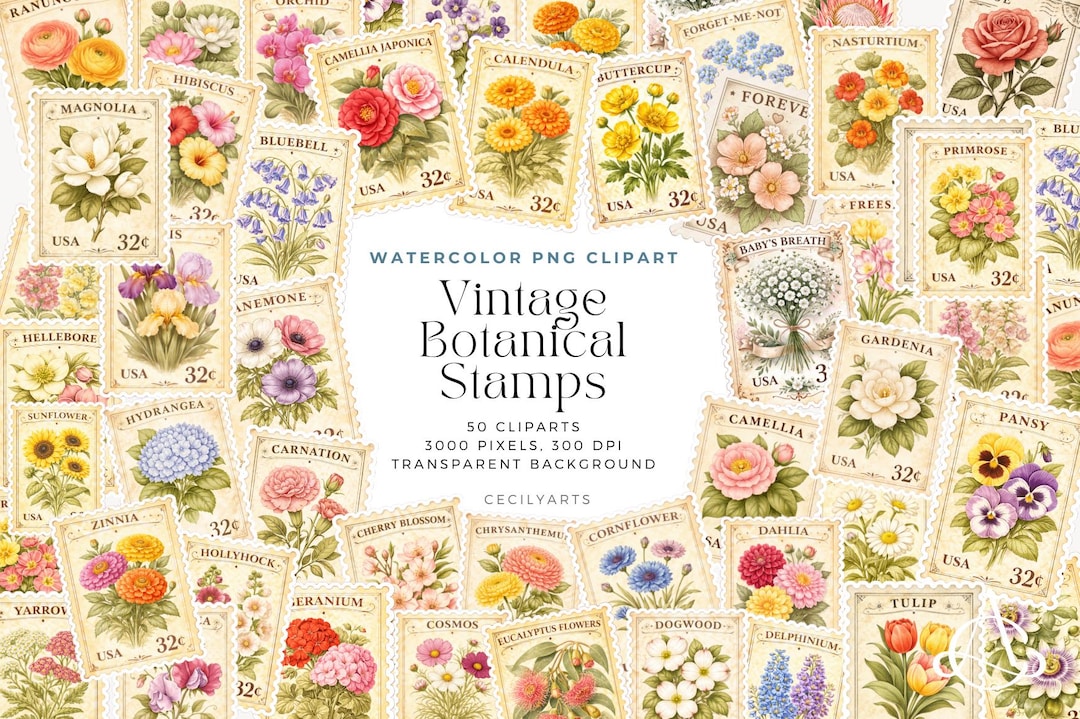 Vintage Botanical Stamps Clipart Floral Postage PNG Junk Journal ...