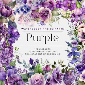 112 Purple Flowers PNG, Watercolor Floral Clipart Bouquets, Elements, Commercial Use, Digital clipart PNG